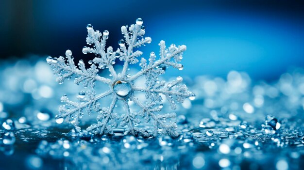 Foto belos flocos de neve em fundo azul de inverno