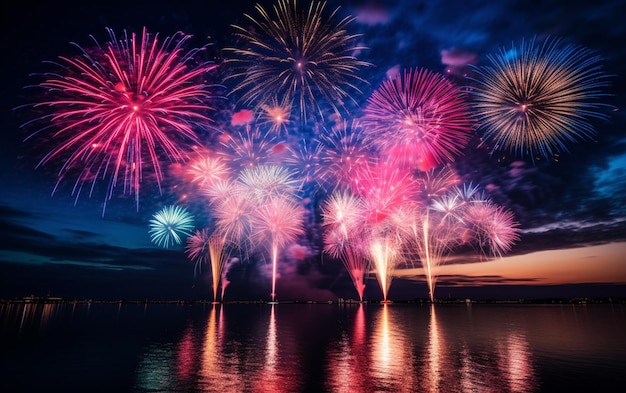 Belos fogos de artifício azuis e cor-de-rosa iluminam o céu com uma exibição deslumbrante durante o ano novo