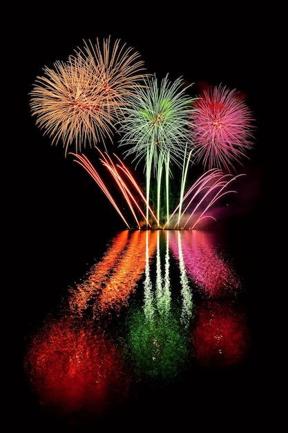 Belos fogos de artifício coloridos com reflexos na água International Fireworks