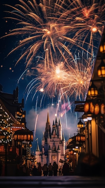 Belos fogos de artifício com paisagem da cidade à noite para comemorar o feliz ano novo Exibição de foguetes