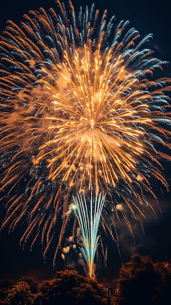 Belos fogos de artifício com paisagem da cidade à noite para comemorar o feliz ano novo Exibição de foguetes