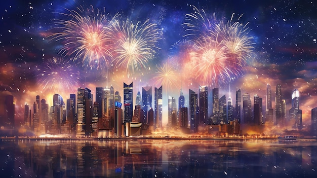 Belos fogos de artifício com paisagem da cidade à noite para comemorar o feliz ano novo Exibição de foguetes