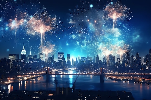 Belos fogos de artifício com paisagem da cidade à noite para comemorar o feliz ano novo Exibição de foguetes