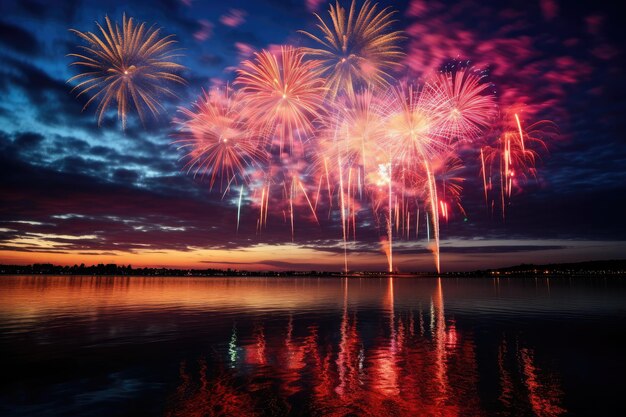 belos fogos de artifício iluminando o céu escuro explosões vibrantes de cor e luz criando um espetáculo deslumbrante
