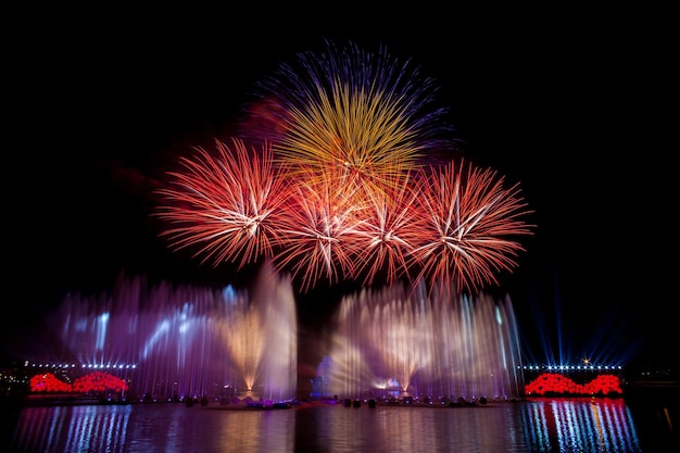 Belos fogos de artifício no céu noturno