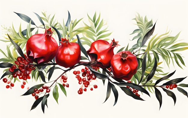 Belos frutos de romã a aquarela desenhados à mão com folhas e galhos em um fundo branco