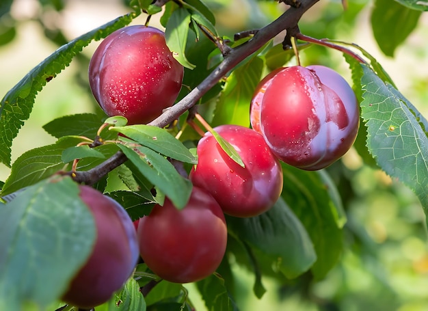 Belos frutos maduros de ameixa vermelha em um galho de árvore