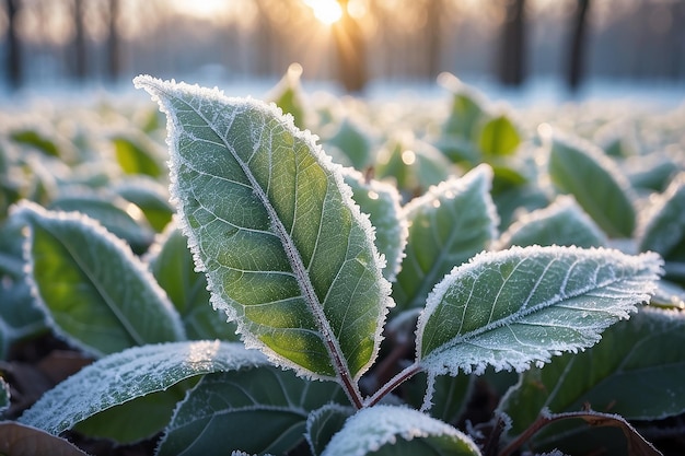 Belos fundos de inverno com folhas geladas de perto e luz do sol matinal com fundo bokeh