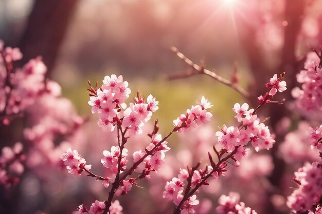 Belos fundos de primavera com galho de árvore em flor e flash de sol na natureza