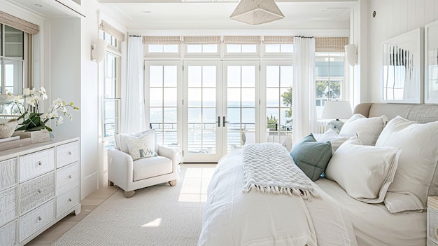 Belos interiores de quarto de luxo com janela com vista para o mar conceito de casa de campo costeira