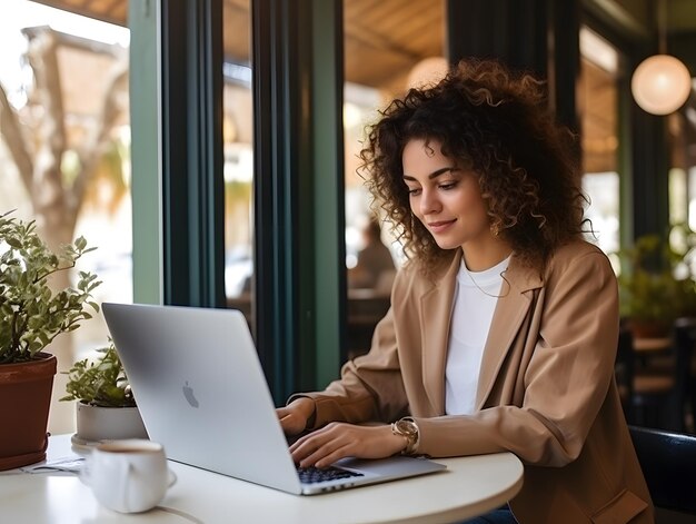 Belos jovens empresários em um dia de sol usando laptop enquanto estão sentados em um café