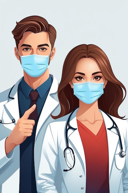 Belos Jovens Médicos e Médicas com Ilustração de Máscara e Luvas