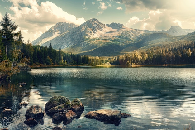 Foto belos lagos de montanha no parque nacional dos altos tatra, eslováquia retro filtro do instagram