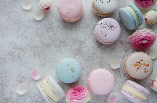 Belos macaroons saborosos coloridos e rosas cor de rosa em um fundo de concreto