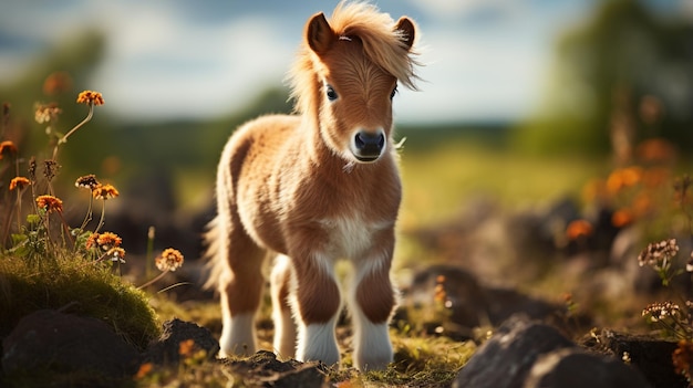 Foto belos miniatura shetland raça pônei garanhão com longa crina branca de pé no campo