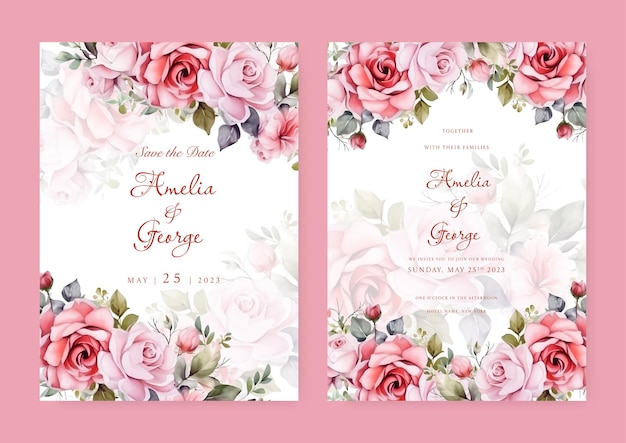 Belos modelos de convites de casamento com flores e folhas cor-de-rosa
