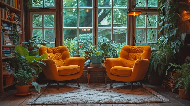 Belos móveis, poltronas redondas de rattan, decoração interior