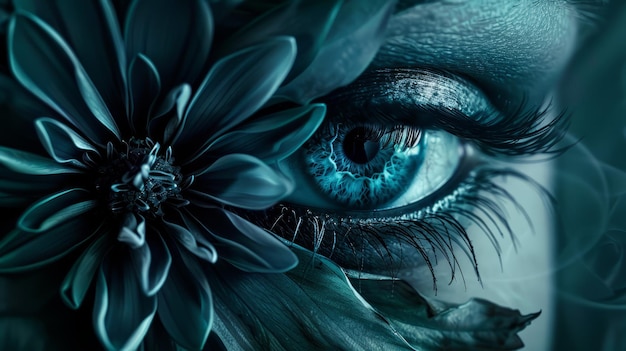 Belos olhos femininos atrás de uma flor