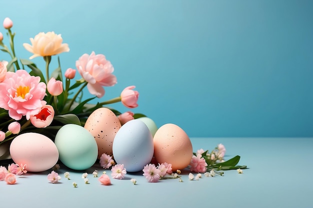 Belos ovos de Páscoa coloridos com flores em fundo pastel