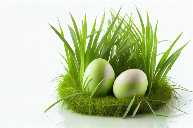 Belos ovos na grama verde em branco