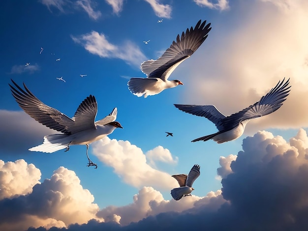 Belos pássaros da liberdade a voar sob o céu