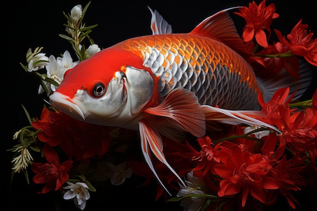 Foto belos peixes koi com flores isoladas em fundo preto