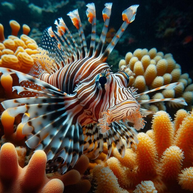 Belos peixes-leão anões nos recifes de coral peixes- leão anões em close-up