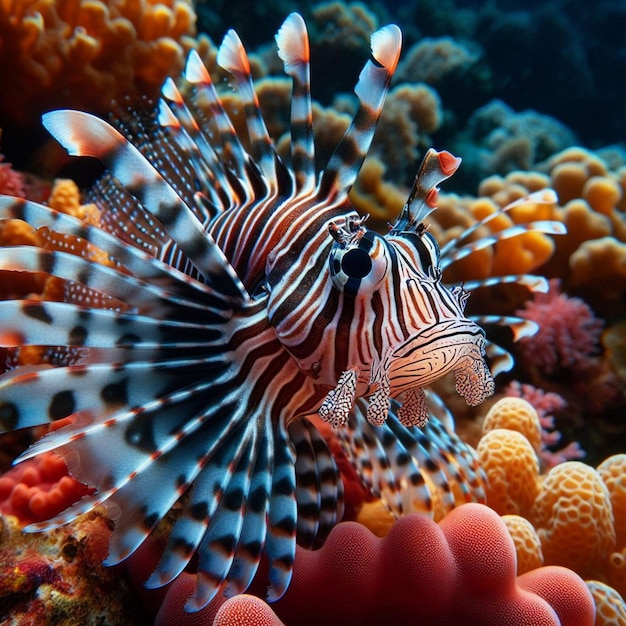 Belos peixes-leão anões nos recifes de coral peixes- leão anões em close-up