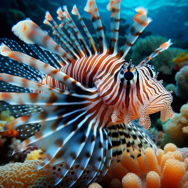 Belos peixes-leão anões nos recifes de coral peixes- leão anões em close-up