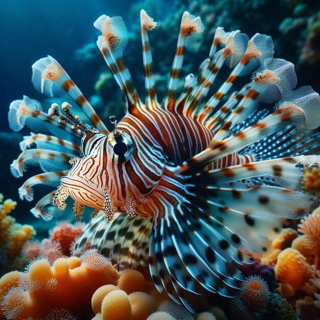 Foto belos peixes-leão anões nos recifes de coral peixes- leão anões em close-up