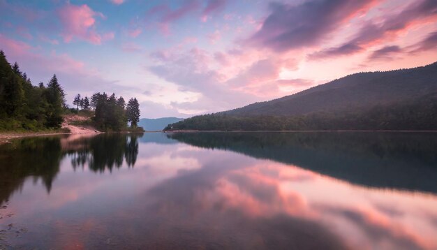 Belos pink e azul pôr-do-sol nublado sobre um lago de montanha ainda cores dramáticas fotografia