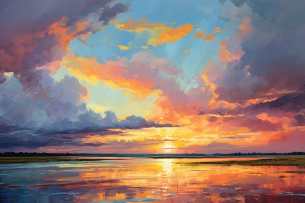 Foto belos pôr-do-sol sobre o lago pintura digital pintura a óleo cumulonimbus pôr- do-sol retratado com impasto pós-impressionismo com néon cores dramáticas vibrantes ai gerado