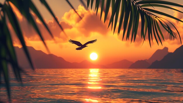Foto belos pôr-do-sol sobre o mar com palmeiras renderização 3d