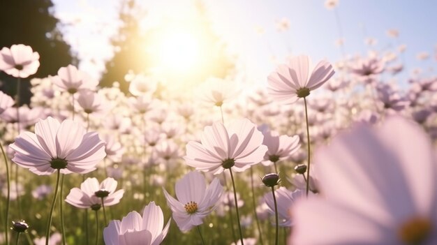 Foto belos prados de verão de rosas e brancas flores do cosmos na manhã luz do sol suave