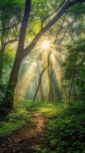 Belos raios de sol em uma floresta verde