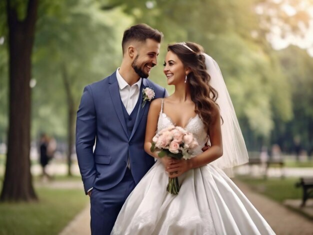 Belos recém-casados sorridente possuindo no parque