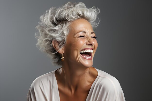 Belos retratos de mulheres idosas caucasianas em camisa branca estão sorrindo e rindo felizes.