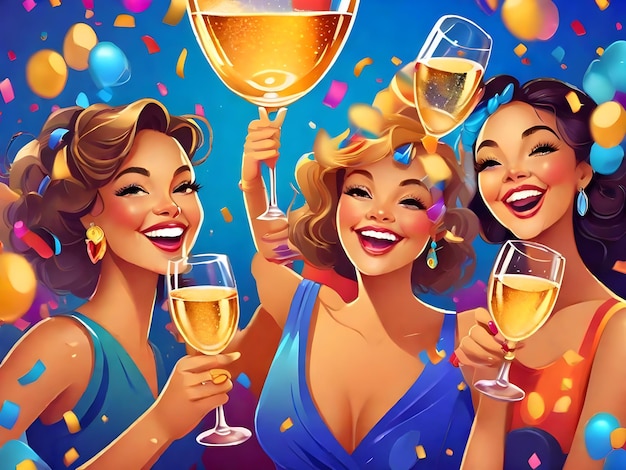 Belos rostos sorridente champanhe clinking copos feliz ano novo ilustração AI gerar imagem
