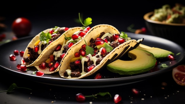 Belos tacos veganos sem glúten de feijão preto com tomate.