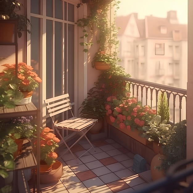 Belos terraços decorados da cidade com mesa e plantas decorativas
