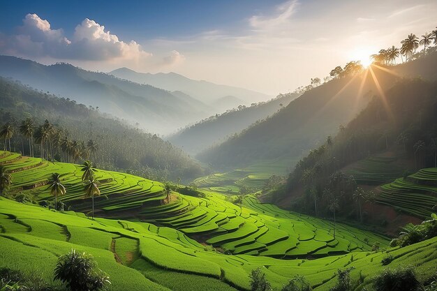 Belos vales montanhosos com luz do sol matinal Kerala imagem de paisagem natural famoso local turístico em Kannur Kerala Índia turismo e viagem imagem