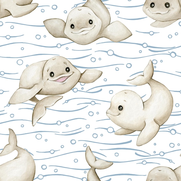 Beluga ballena marina lindos animales marinos de los mares y océanos del norte pintados en acuarela en diferentes poses patrón sin costuras en un fondo aislado