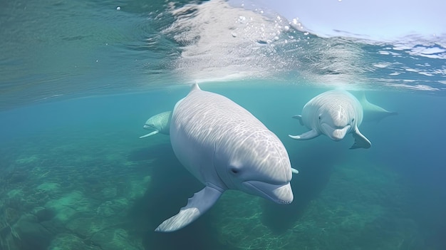 Beluga-Wale, die anmutig im offenen Ozean schwimmen, diese großartigen Kreaturen mit ihrem auffallenden weißen Aussehen und freundlichen Verhalten, generiert von KI