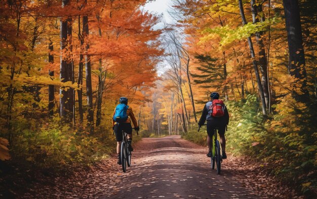 Bem-estar e atividade desportiva no outono Dois ciclistas a andar por uma estrada florestal de outono