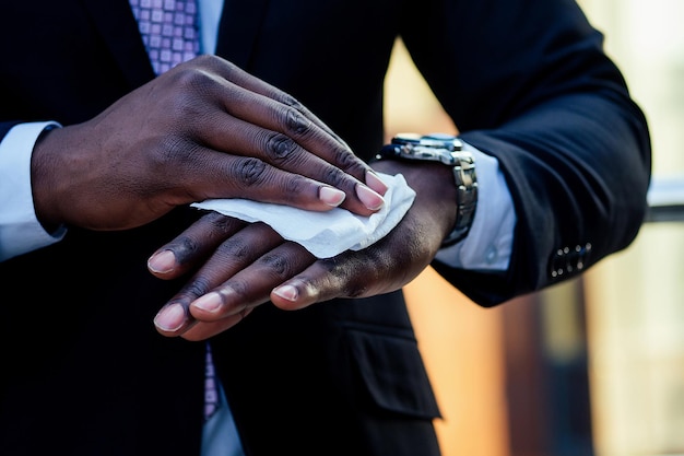 Bem sucedido e bonito homem afro americano em um terno escuro em uma camisa branca, usando lenços umedecidos.