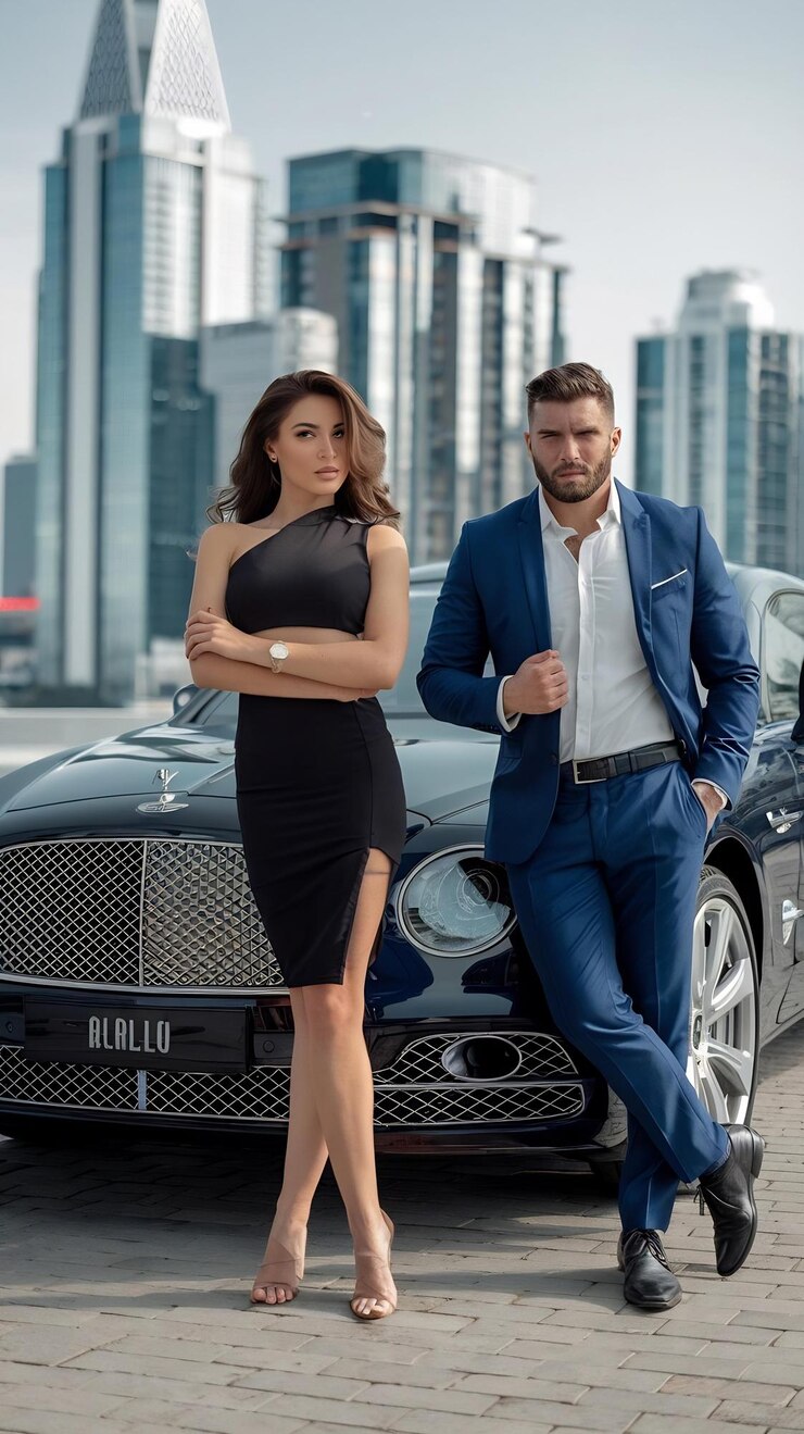 Foto bem vestida mulher bonita e homem brutal em um terno perto de um carro de luxo ao ar livre agnst uma paisagem urbana