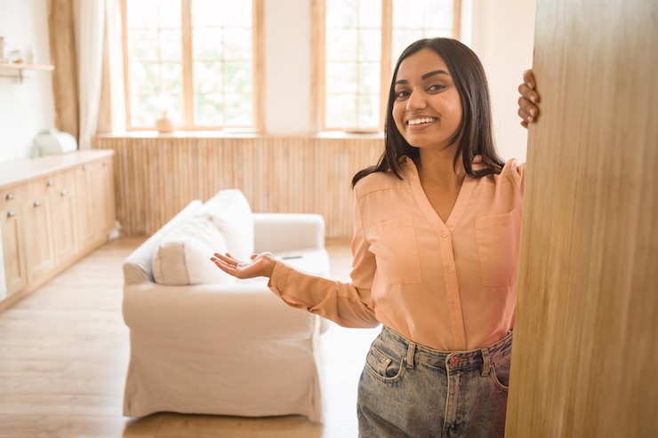 Foto bem vinda à minha casa, uma senhora indiana feliz abrindo a porta e gesticulando convidando para entrar sorrindo para