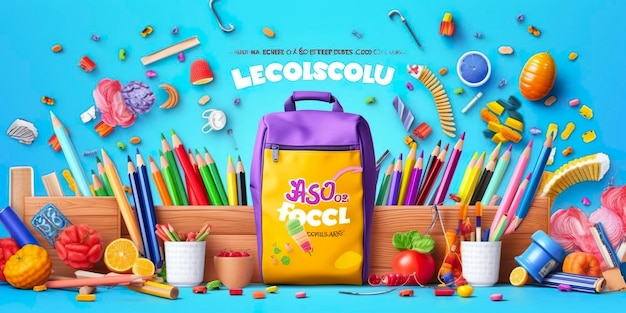 Bem-vindo de volta ao cartaz da escola e banner com lápis coloridos e elementos para promoção de marketing de varejo AI Generative