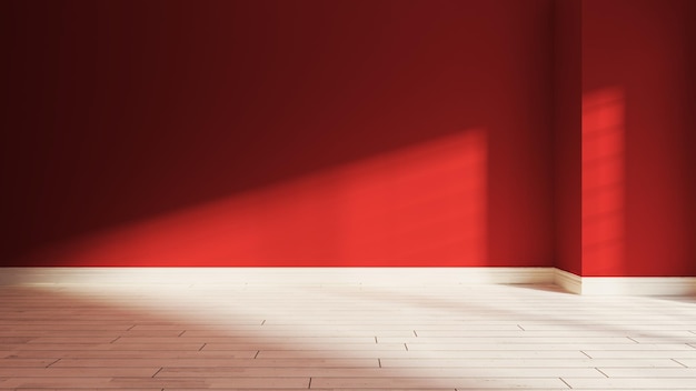 Bemalte rote Wand in leerem Raum mit weißem Parkettboden und Sonnenlicht aus dem Fenster an der Wand realistische 3D-Darstellung