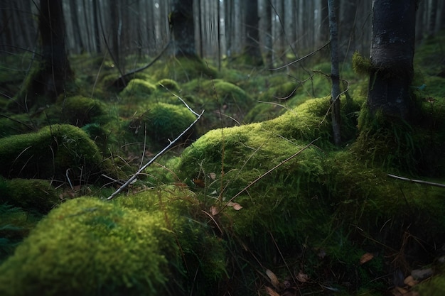 Bemooste Bäume im Wald am Abend